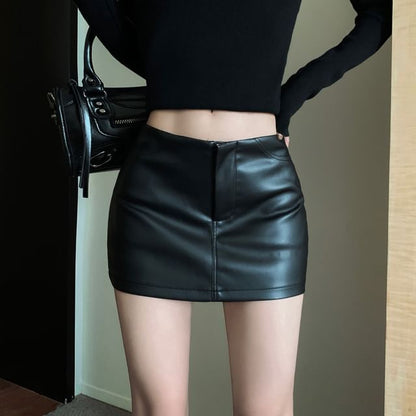 Mid Waist Solid Faux Leather Mini Pencil Skirt
