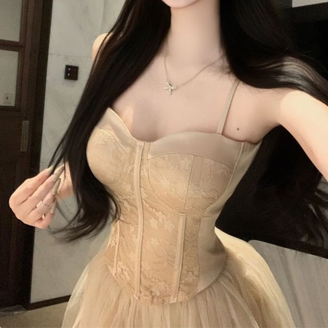 Solid Lace Panel Satin Bustier Top / Elevated Waist Solid Mesh Flared Mini Skirt