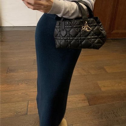 Long Sleeve V-Neck Plain Knit Top / High Rise Plain Bow Maxi Pencil Skirt