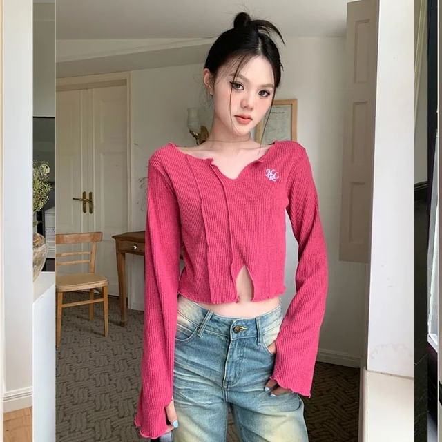 Long-Sleeve V-Neck Embroidered Crop Knit Top