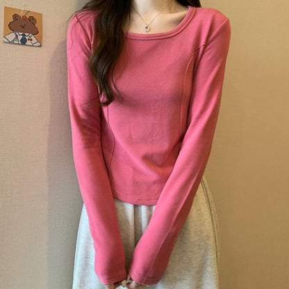 Long-Sleeve Square Neck Plain T-Shirt