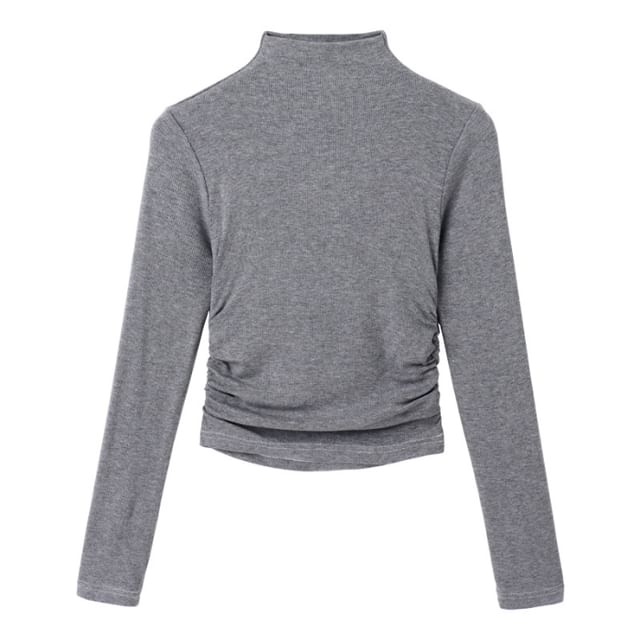 Long-Sleeve Mock Neck Plain Crop Tee