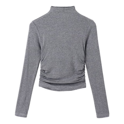 Long-Sleeve Mock Neck Plain Crop Tee