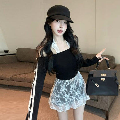 Striped Crop Tee with Piping and Halter Lace Top
