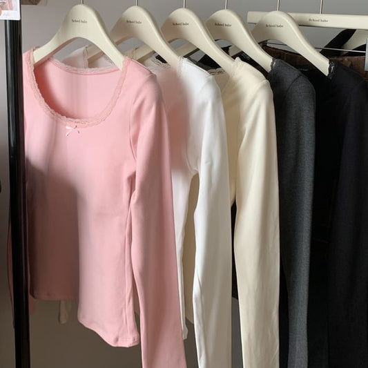 Square Neck Fleece-Lined Top with Lace Trim and Long Sleeves