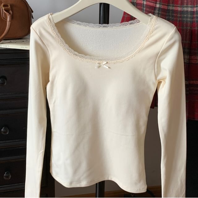 Square Neck Fleece-Lined Top with Lace Trim and Long Sleeves