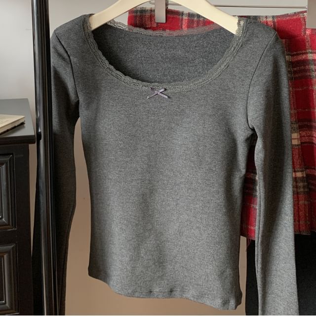 Square Neck Fleece-Lined Top with Lace Trim and Long Sleeves