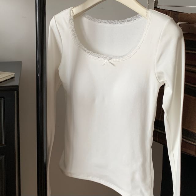 Square Neck Fleece-Lined Top with Lace Trim and Long Sleeves