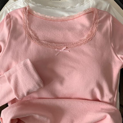 Square Neck Fleece-Lined Top with Lace Trim and Long Sleeves