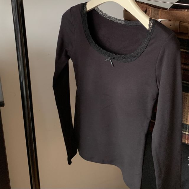 Square Neck Fleece-Lined Top with Lace Trim and Long Sleeves