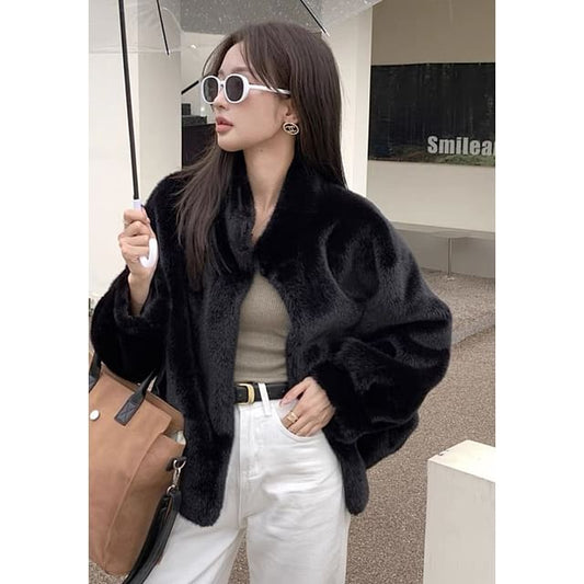 Long Sleeve Faux Fur Button-Up Jacket