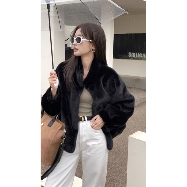 Long Sleeve Faux Fur Button-Up Jacket