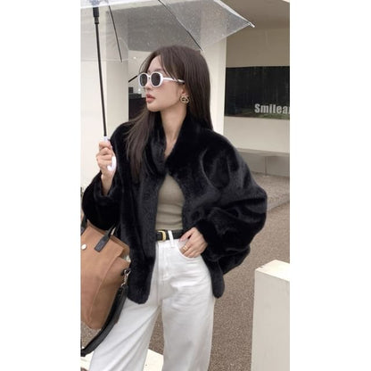 Long Sleeve Faux Fur Button-Up Jacket