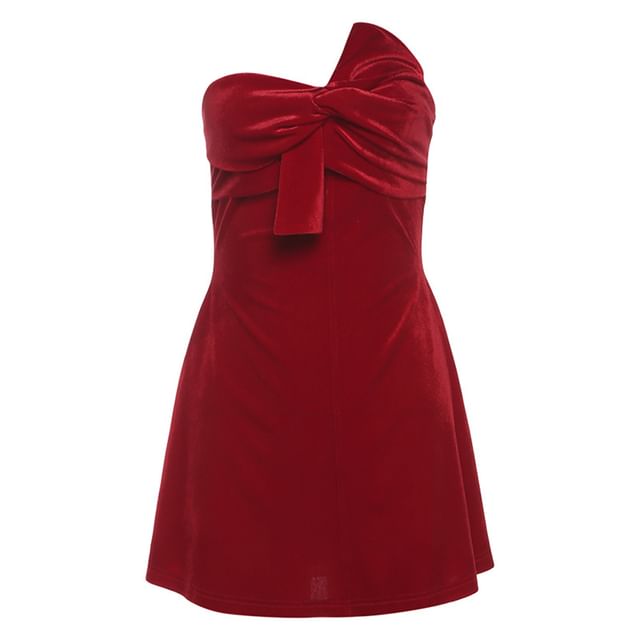 Strapless Plain Bowknot Detail Velvet Mini A-Line Party Dress