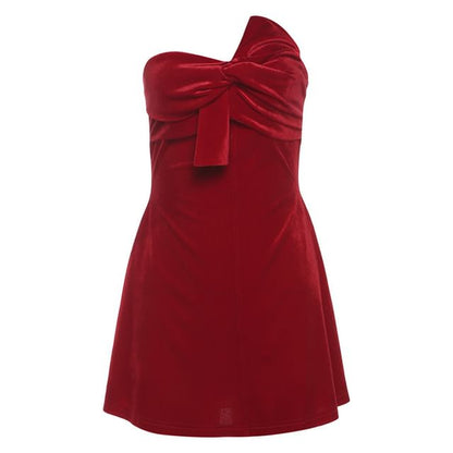 Strapless Plain Bowknot Detail Velvet Mini A-Line Party Dress