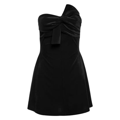 Strapless Plain Bowknot Detail Velvet Mini A-Line Party Dress