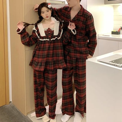 Matching Couple Plaid Pajama Set with Lace Trim Long Sleeves