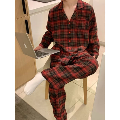 Matching Couple Plaid Pajama Set with Lace Trim Long Sleeves