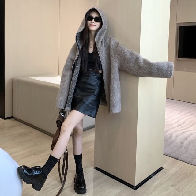 Fluffy Hooded Zip Jacket