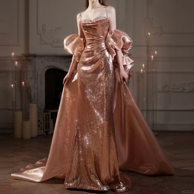 Sequin Mermaid Ruched Spaghetti Strap Evening Gown