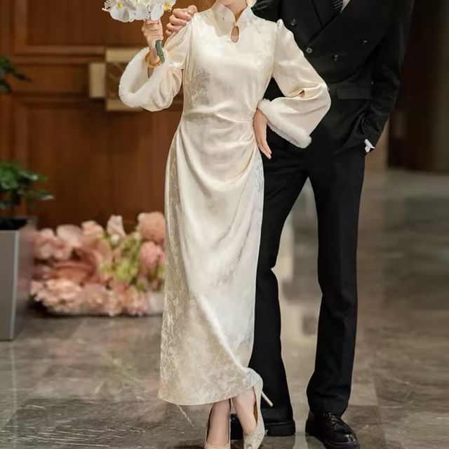 Flared-Sleeve Mock Neck Patterned Maxi Wedding Qipao