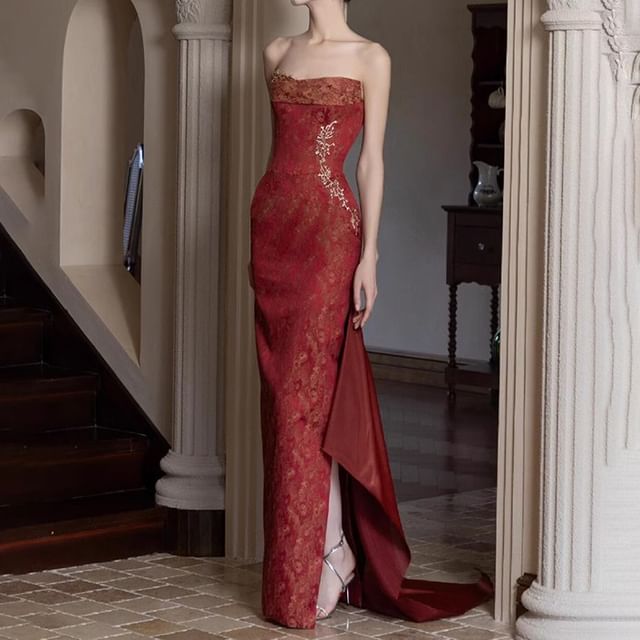 Strapless Patterned Side-Slit Sheath Evening Gown