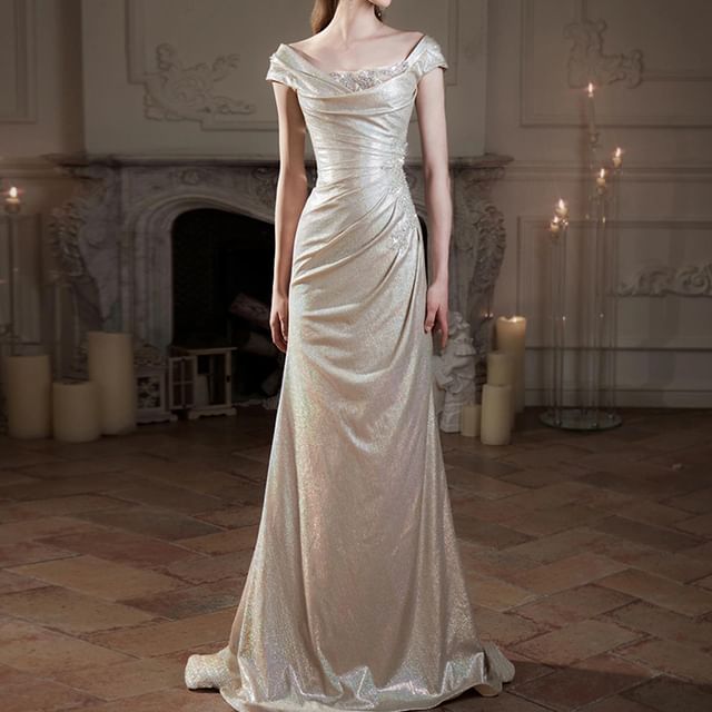 Off-Shoulder Glitter Ruched Trumpet Evening Gown