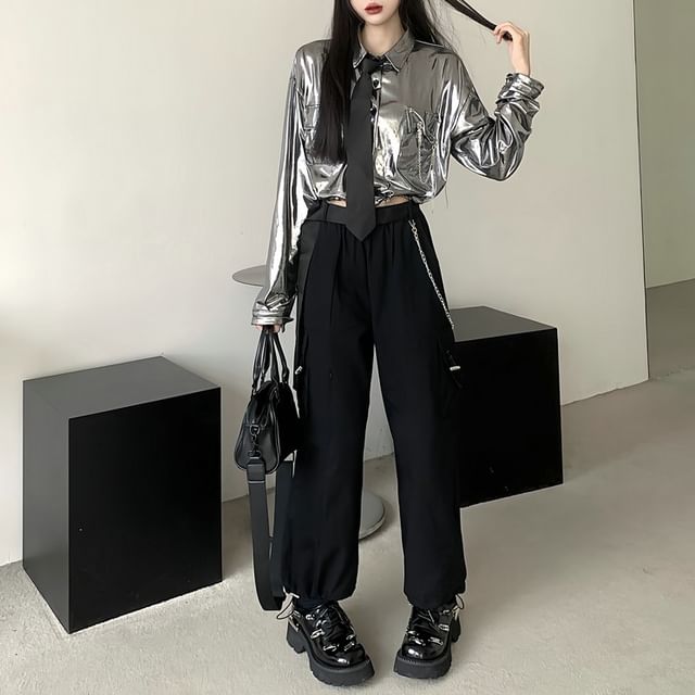Long-Sleeve Plain Pocket Detail Drawstring Crop Shirt / High Rise Cropped Harem Cargo Pants