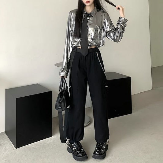 Long-Sleeve Plain Pocket Detail Drawstring Crop Shirt / High Rise Cropped Harem Cargo Pants