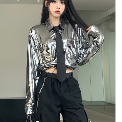 Long-Sleeve Plain Pocket Detail Drawstring Crop Shirt / High Rise Cropped Harem Cargo Pants