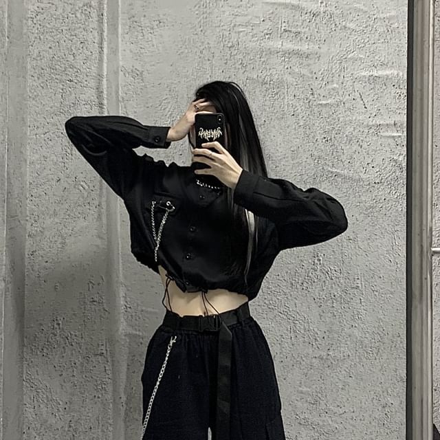 Long-Sleeve Plain Pocket Detail Drawstring Crop Shirt / High Rise Cropped Harem Cargo Pants