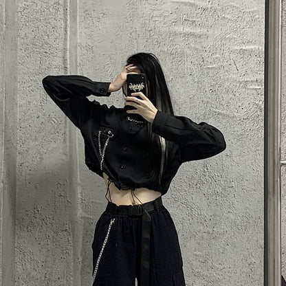 Long-Sleeve Plain Pocket Detail Drawstring Crop Shirt / High Rise Cropped Harem Cargo Pants