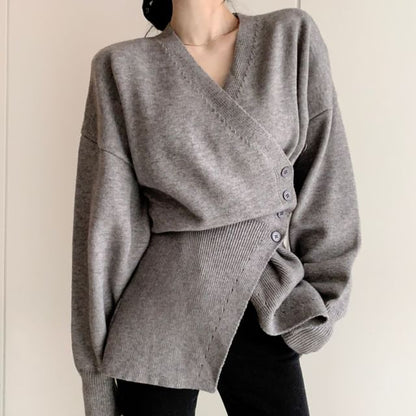 V-Neck Plain Button Wrap Sweater