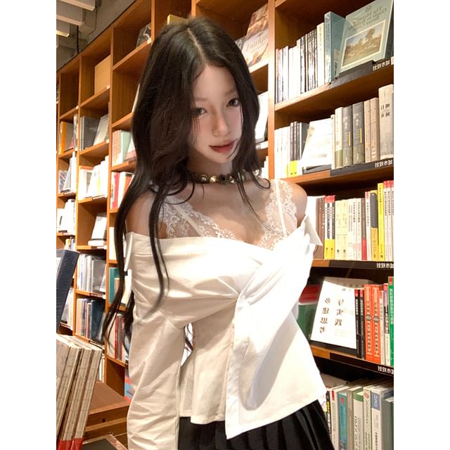 Sleeveless Lace Top and Long-Sleeve Wrap Top Combo