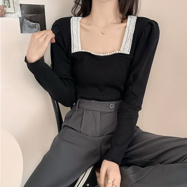 Square Neck Crop Top with Lace Hem and Long Sleeves
