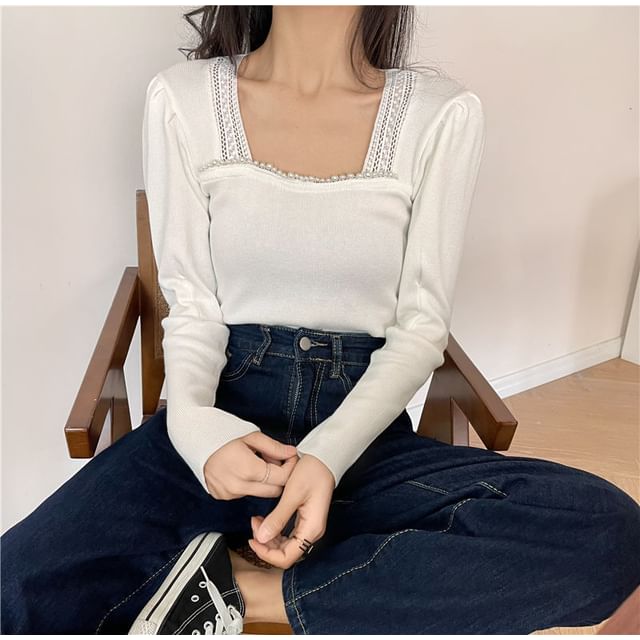 Square Neck Crop Top with Lace Hem and Long Sleeves