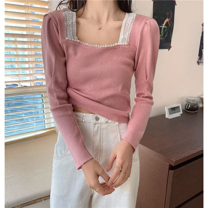 Square Neck Crop Top with Lace Hem and Long Sleeves