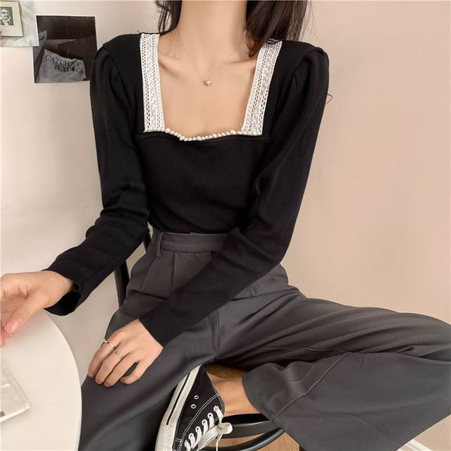 Square Neck Crop Top with Lace Hem and Long Sleeves