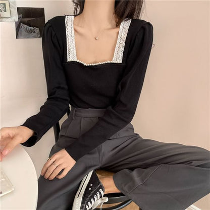 Square Neck Crop Top with Lace Hem and Long Sleeves