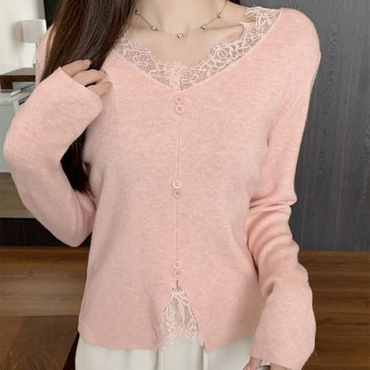 Long-Sleeve V-Neck Plain Lace Panel Button Accent Knit Top