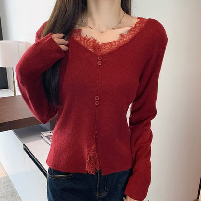 Long-Sleeve V-Neck Plain Lace Panel Button Accent Knit Top