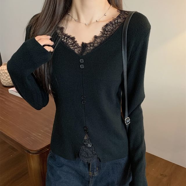 Long-Sleeve V-Neck Plain Lace Panel Button Accent Knit Top