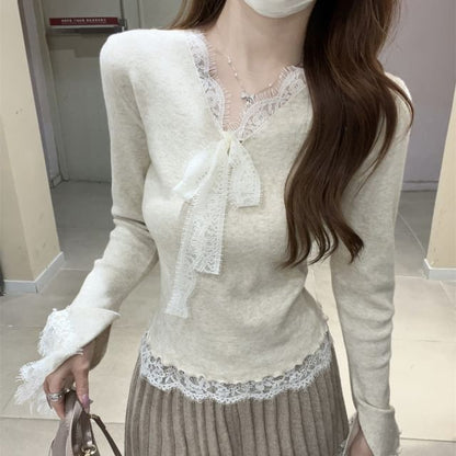 Long-Sleeve V-Neck Lace Panel Tie Front Slim Fit Knit Top