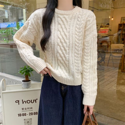 Crew Neck Plain Cable Knit Sweater