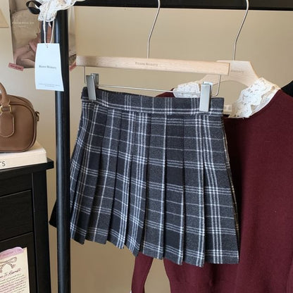 High Rise Plaid Pleated Mini A-Line Skirt