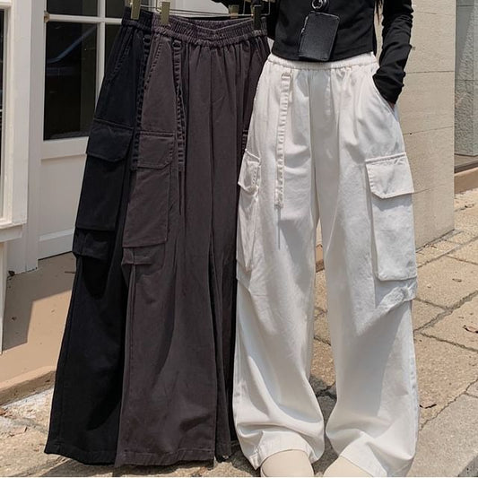 Elastic Waist Plain Baggy Cargo Pants