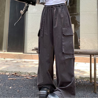 Elastic Waist Plain Baggy Cargo Pants