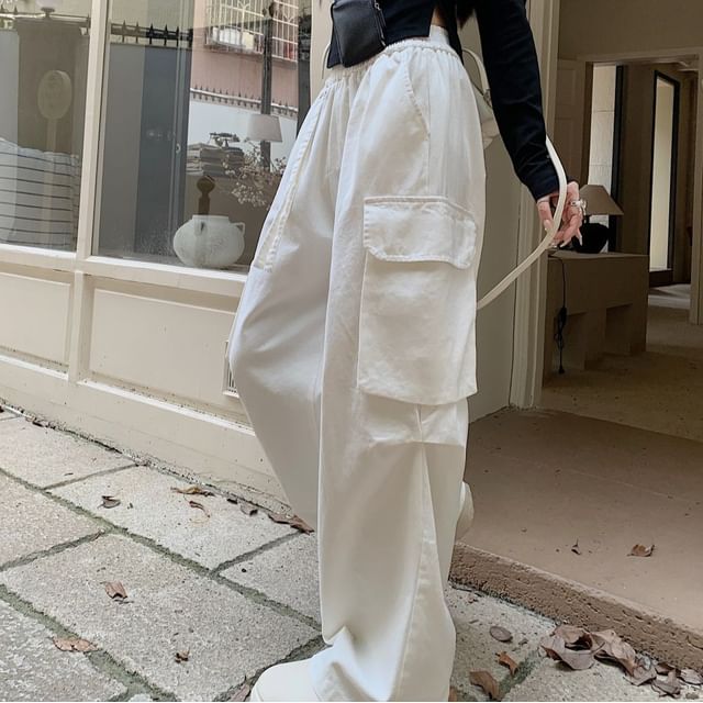 Elastic Waist Plain Baggy Cargo Pants