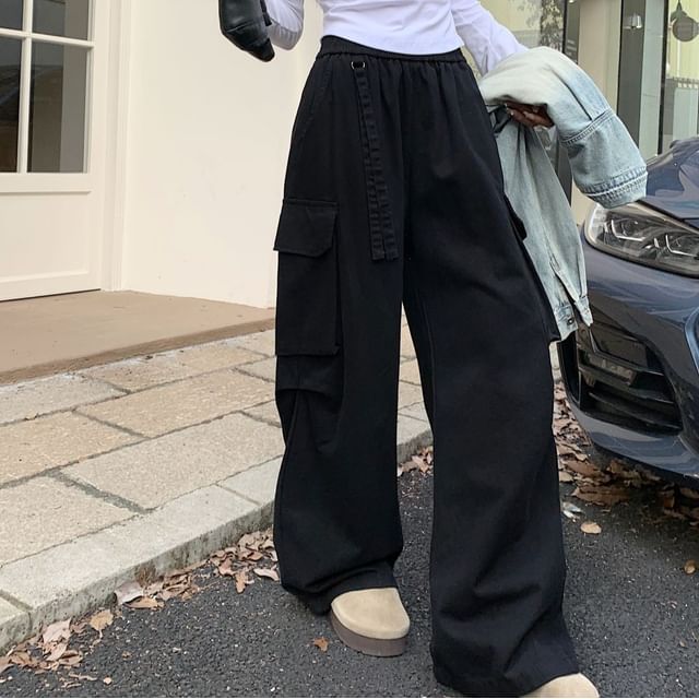 Elastic Waist Plain Baggy Cargo Pants