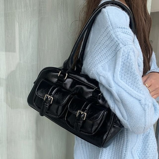 Multi-Pocket Faux Leather Shoulder Bag
